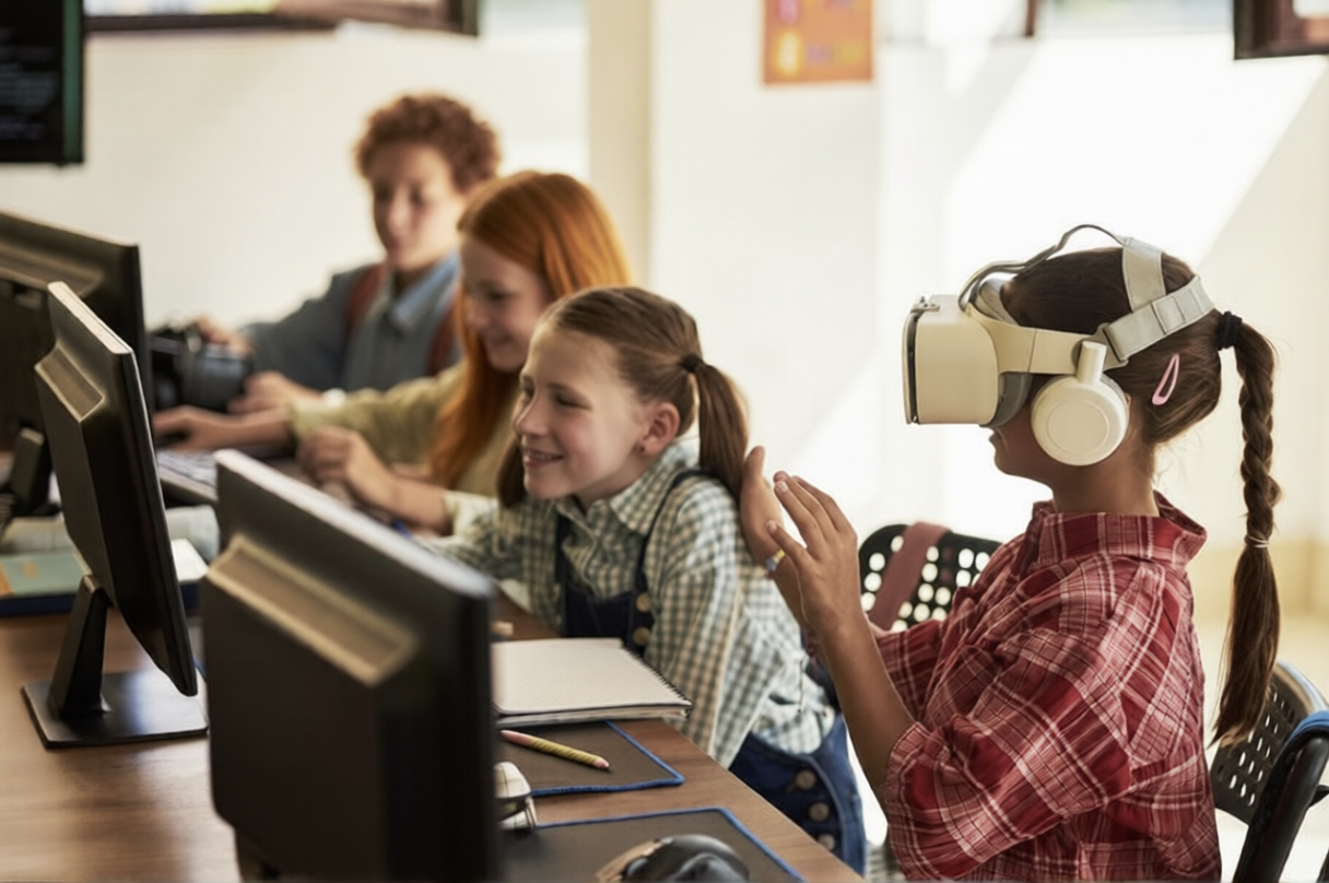 girl in class with headset