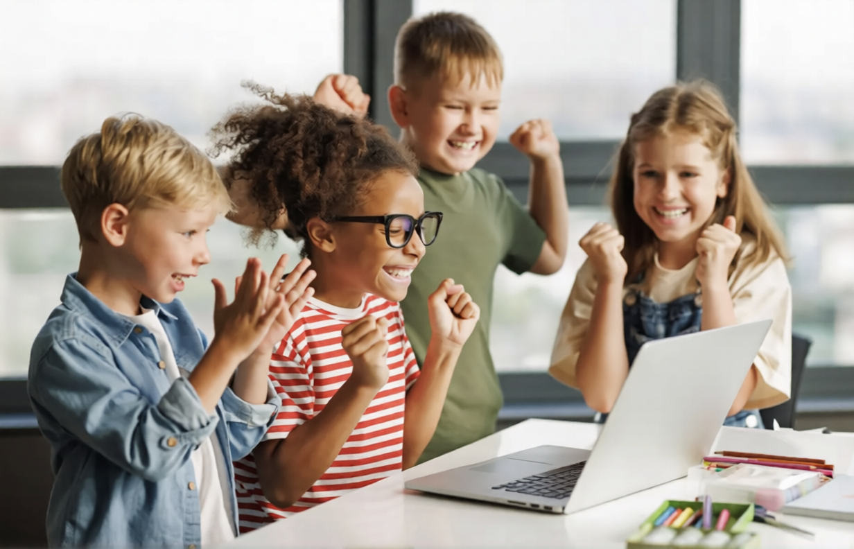 kids excited at computer Diverse group of children and students learning together
