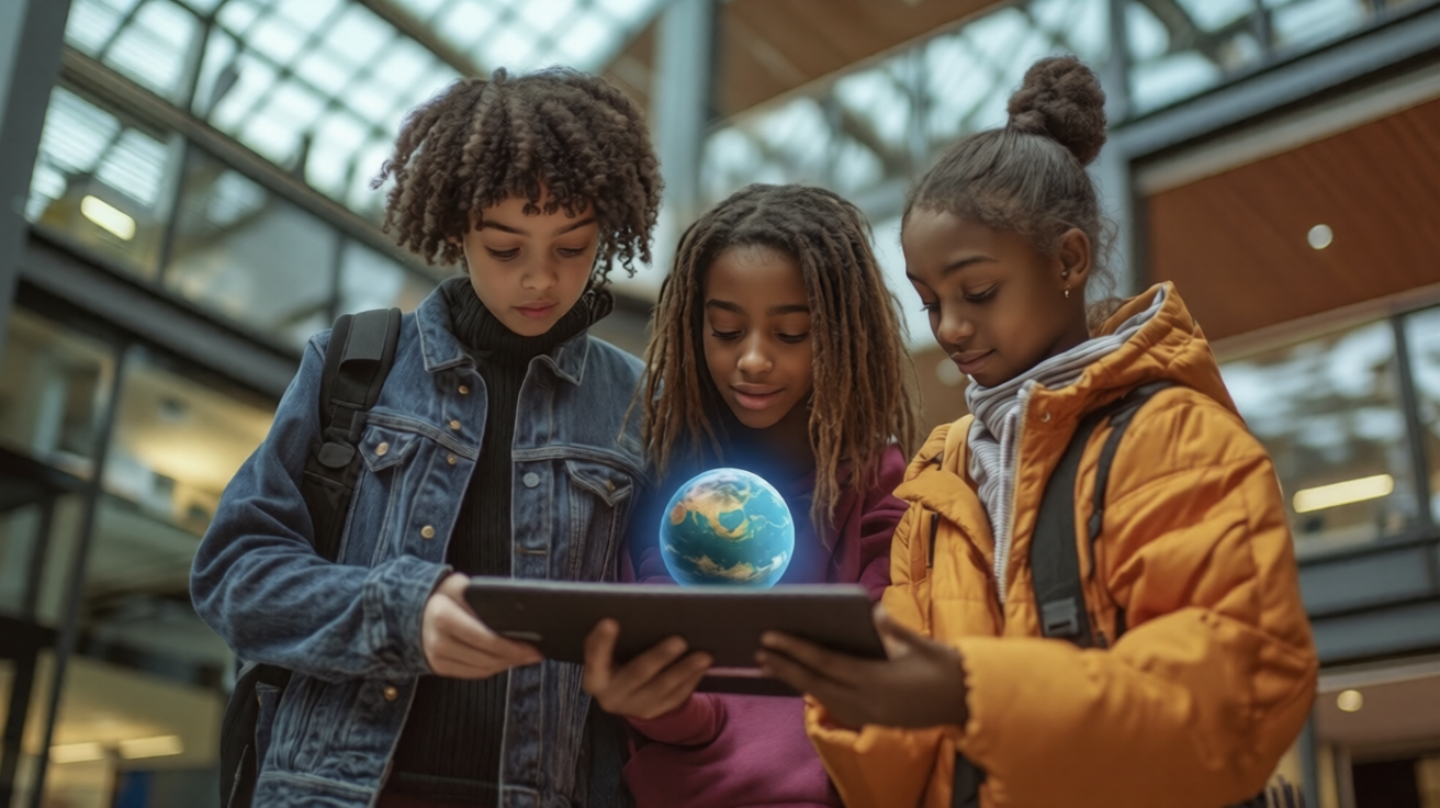 kids readig book in AR showing planet