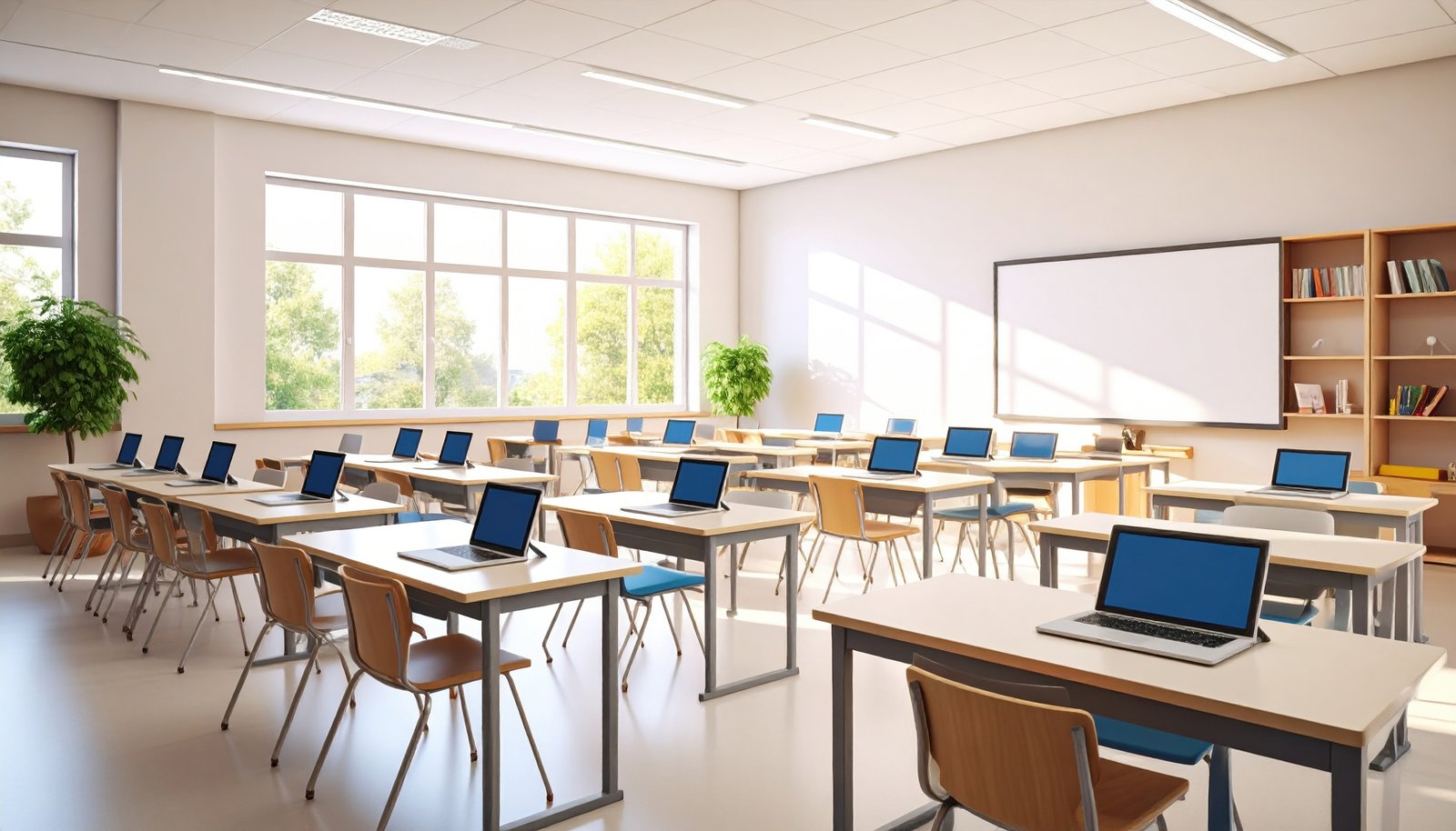 Modern classroom featuring multiple desks and chairs arranged neatly, with laptops each desk. Large windows allow natural light to fill space, creating bright and inviting atmosphere for learning modern classroom featuring multiple desks and chairs arranged neatly, with laptops each desk. Large windows allow natural light to fill space, creating bright and inviting atmosphere for learning