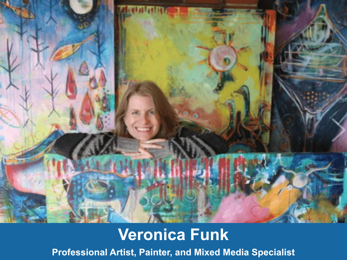 female artist surrounded by art prints