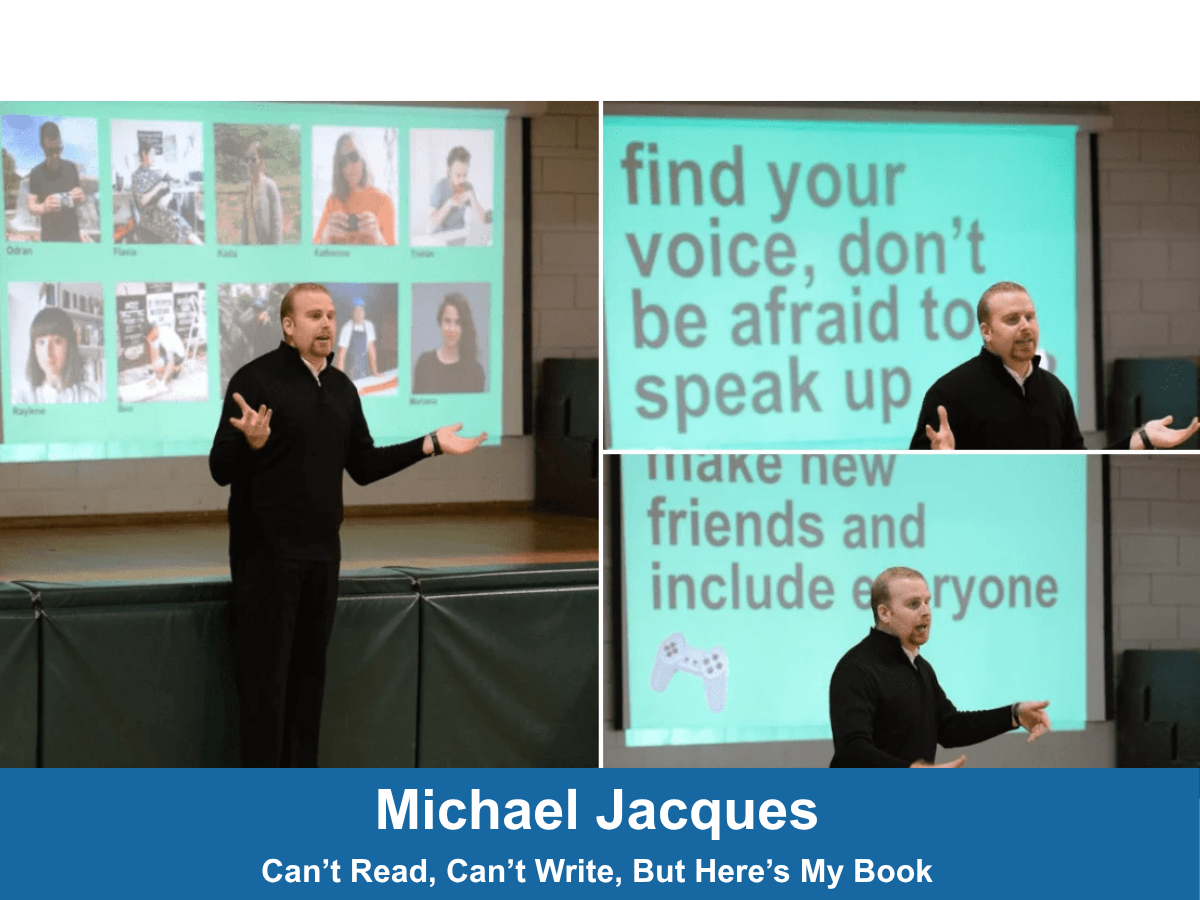 white man standing in front of screen advertising his book