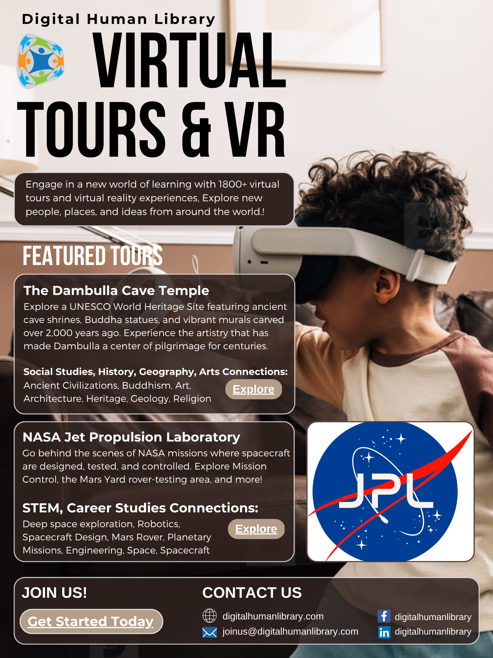 October VT Poster with 2 featured tours on background with boy wearing VR goggles
