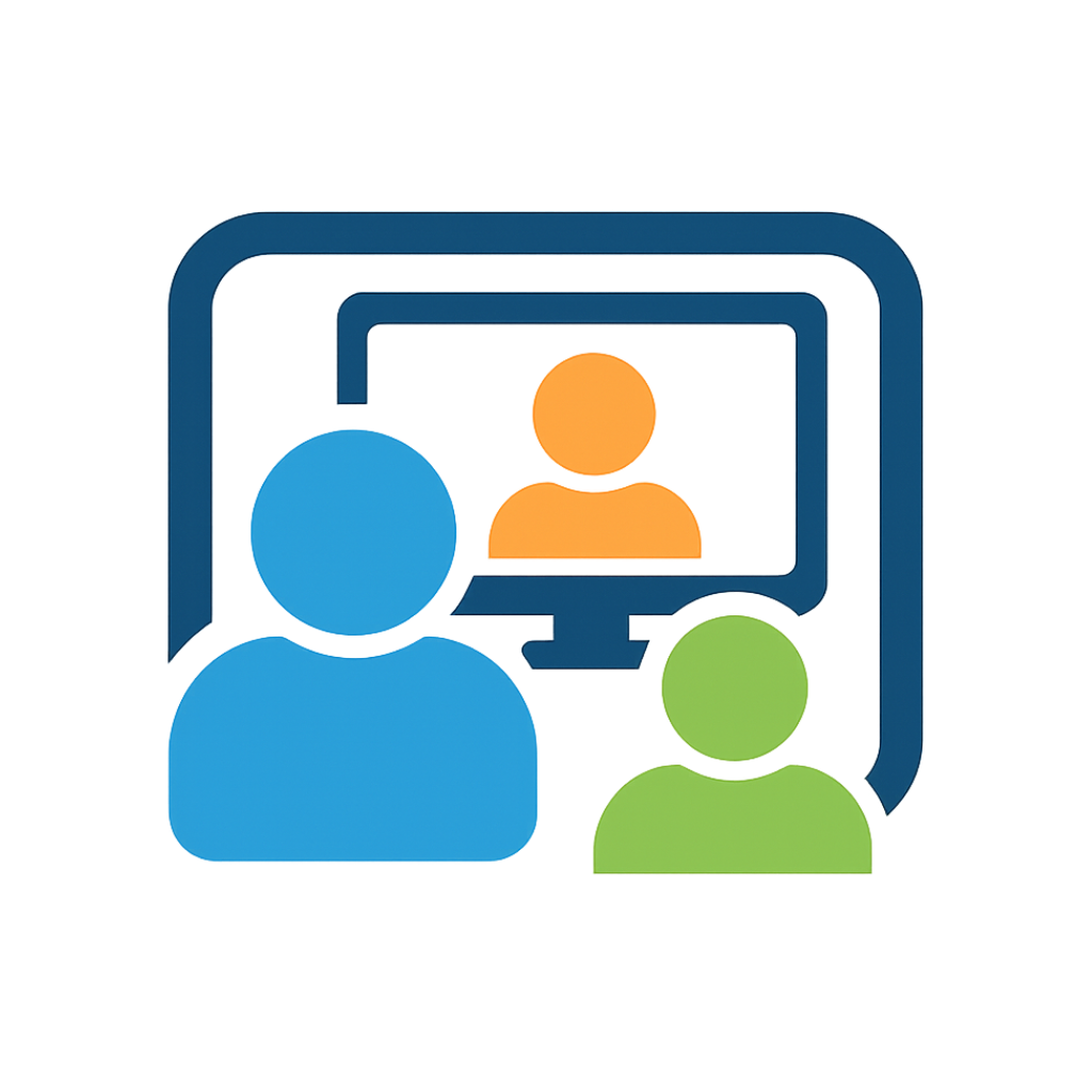 icon with 3 human figures in orange, blue and green with a computer outline in the background
